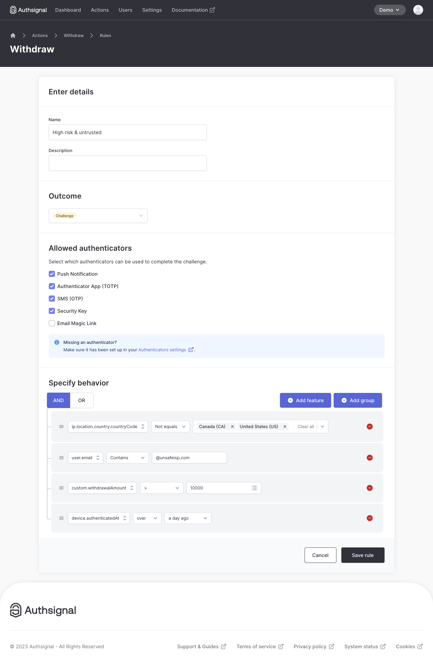 Authsignal's No Code Rules Engine allows for zero trust policies to be implemented in real time